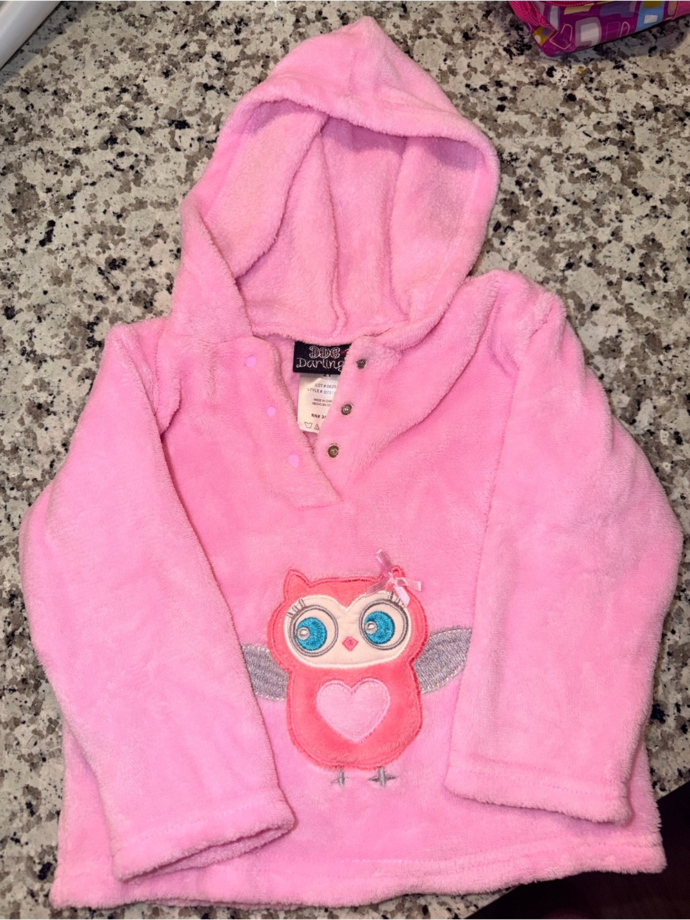 Darling Pink Hooded Fleece Pullover with Owl Applique